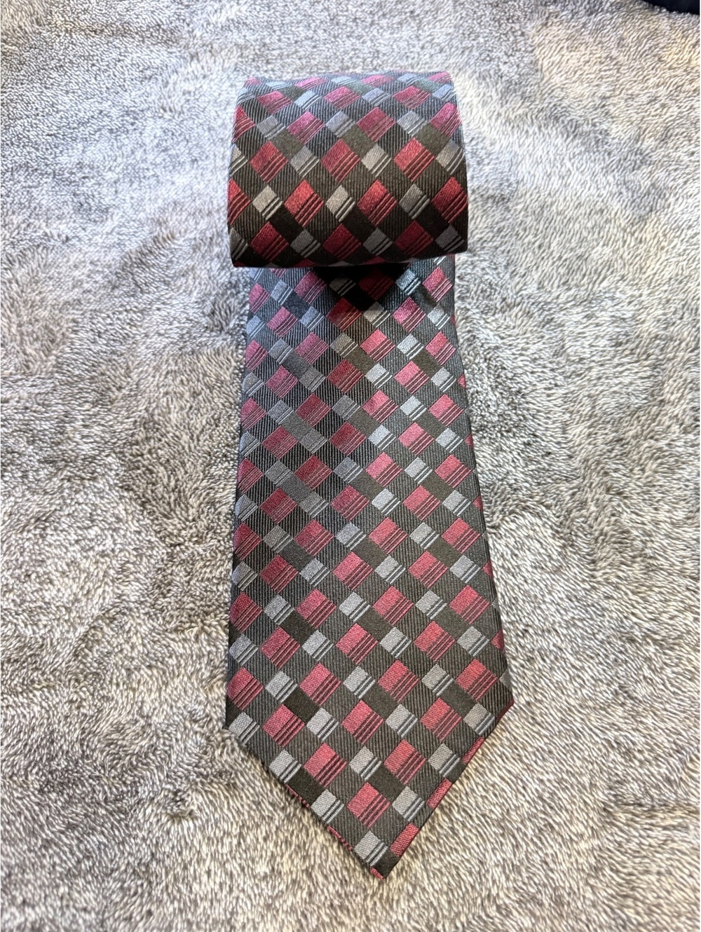 Paul Dione Men's Silk Tie in Burgundy and Gray Checkered Pattern